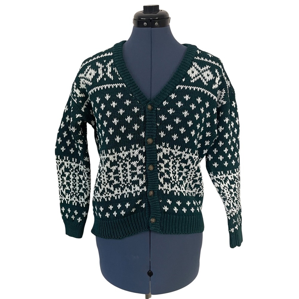 Vtg Gap Green White Fair Isle Cotton Crop Cardigan Sweater Preppy Heritage 90s L